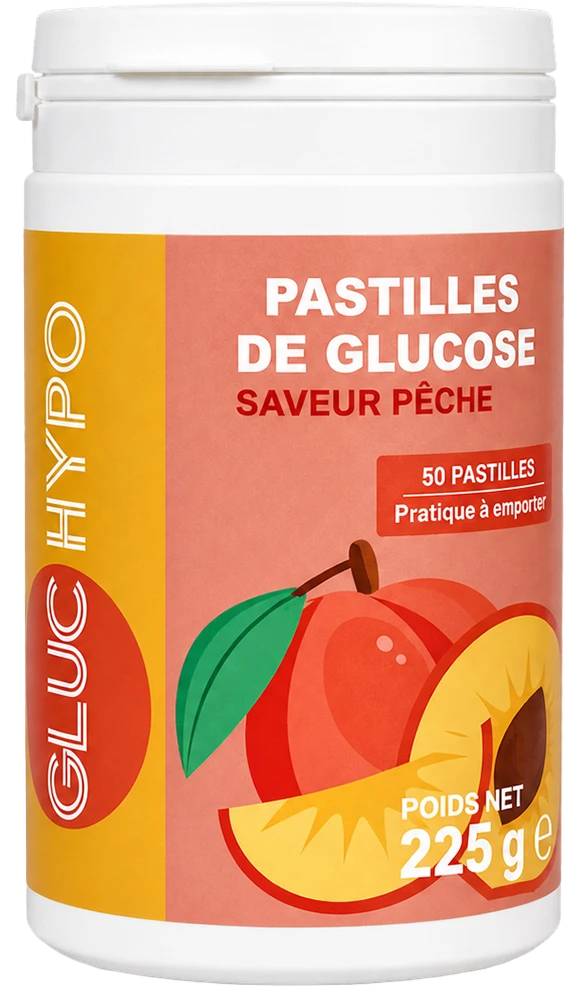 Pastilles de glucose pêche Gluc Hypo boite 50 pastilles 225g diabète