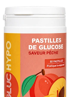 Gros plan boite Gluc Hypo pastilles glucose pêche 50 pastilles recadrée serrée