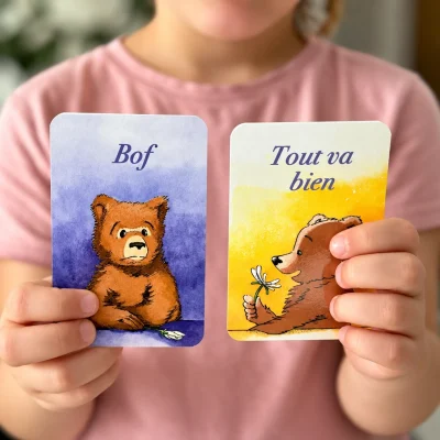 Mains d'enfant tenant les deux cartes Bof violette et Tout va bien jaune - outil pour exprimer son ressenti à l'école avec diabète