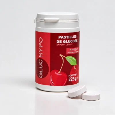 Pot de 50 pastilles de glucose cerise Gluc Hypo avec deux pastilles blanches devant