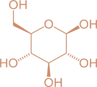 Schéma de la formule chimique du dextrose (D-glucose) en conformation chaise, couleur terracotta sur fond blanc