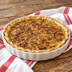 tarte aux légumes maison dorée dans son plat blanc posée sur un torchon à rayures rouges et jaunes